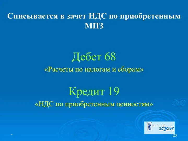 * Списывается в зачет НДС по приобретенным МПЗ Дебет 68 «Расчеты