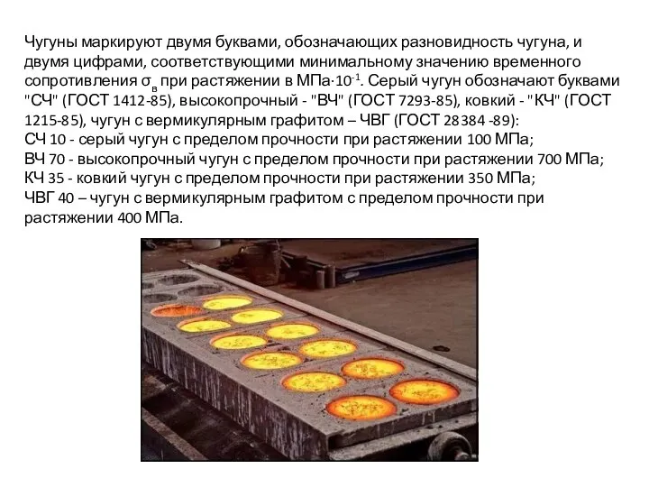 Чугуны маркируют двумя буквами, обозначающих разновидность чугуна, и двумя цифрами, соответствующими