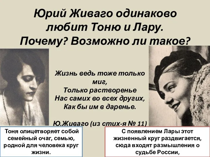 Юрий Живаго одинаково любит Тоню и Лару. Почему? Возможно ли такое?