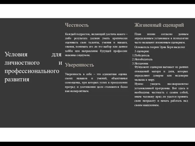 Условия для личностного и профессионального развития Честность Каждый подросток, желающий достичь