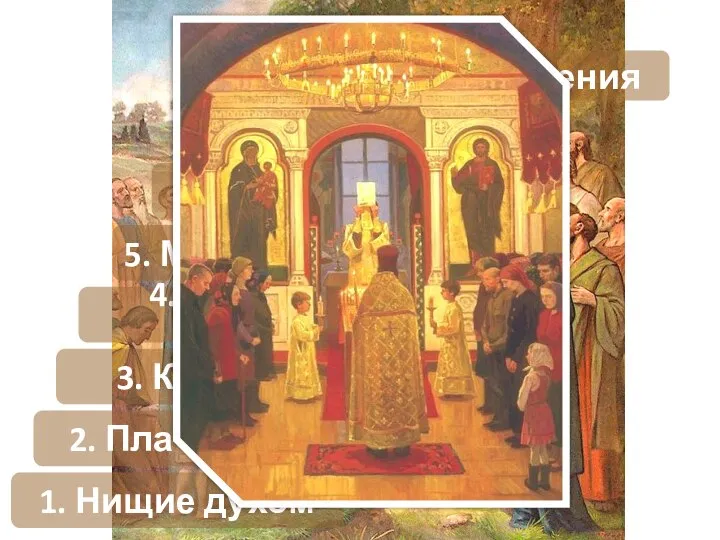 1. Нищие духом 2. Плачущие 3. Кроткие 4. Жаждущие правды 5.