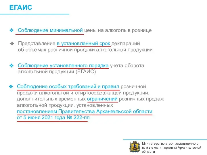 Министерство агропромышленного комплекса и торговли Архангельской области ЕГАИС Соблюдение минимальной цены