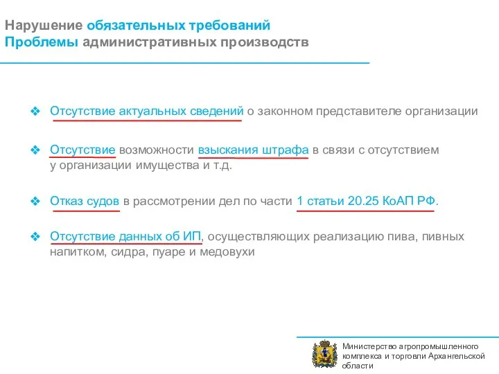 Министерство агропромышленного комплекса и торговли Архангельской области Нарушение обязательных требований Проблемы