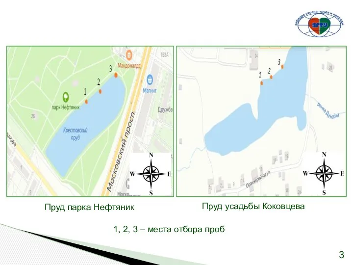 Пруд парка Нефтяник Пруд усадьбы Коковцева 1, 2, 3 – места отбора проб