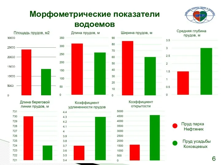 Морфометрические показатели водоемов Пруд парка Нефтяник Пруд усадьбы Коковцевых