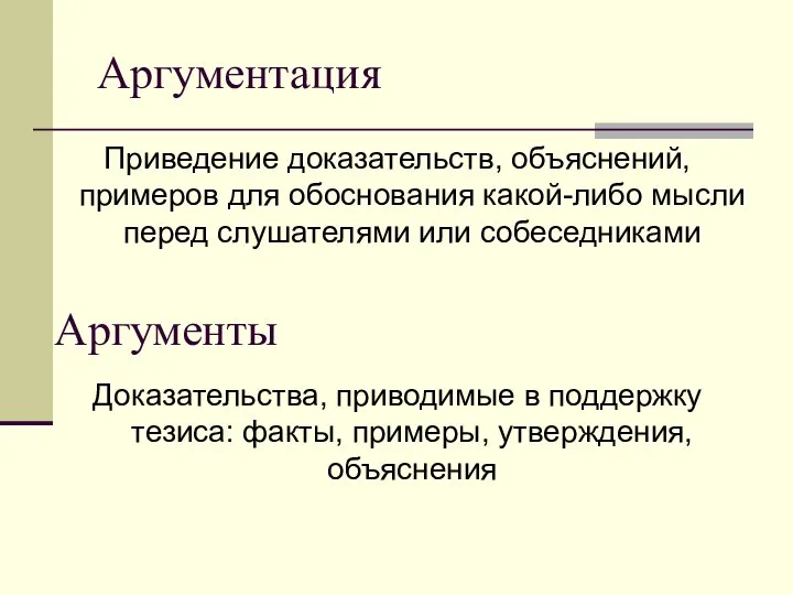 Аргументация Приведение доказательств, объяснений, примеров для обоснования какой-либо мысли перед слушателями