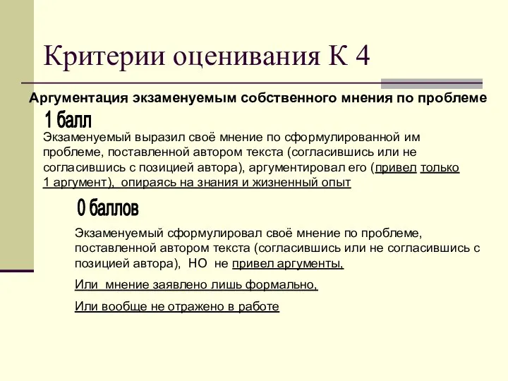 Критерии оценивания К 4 Аргументация экзаменуемым собственного мнения по проблеме Экзаменуемый