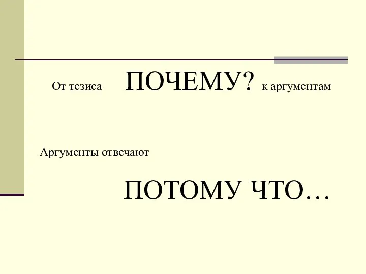 От тезиса ПОЧЕМУ? к аргументам Аргументы отвечают ПОТОМУ ЧТО…