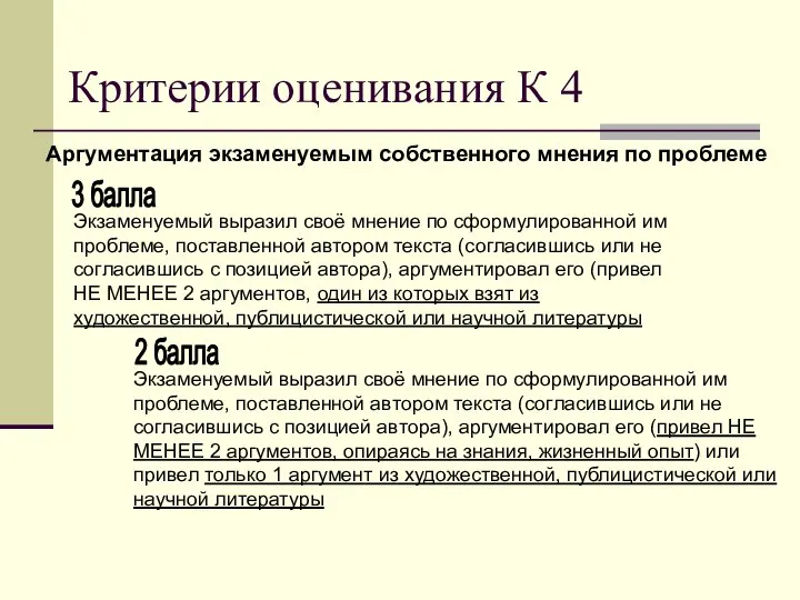 Критерии оценивания К 4 Аргументация экзаменуемым собственного мнения по проблеме Экзаменуемый