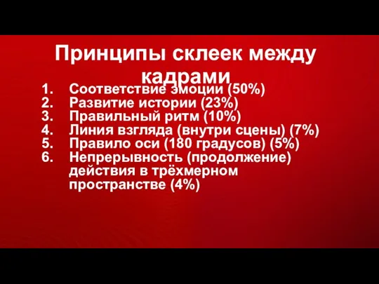 Принципы склеек между кадрами Соответствие эмоции (50%) Развитие истории (23%) Правильный