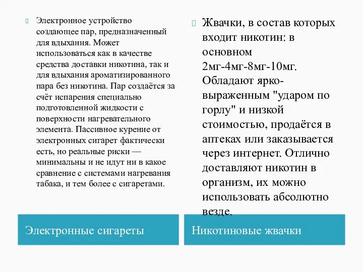 Электронные сигареты Никотиновые жвачки Электронное устройство создающее пар, предназначенный для вдыхания.