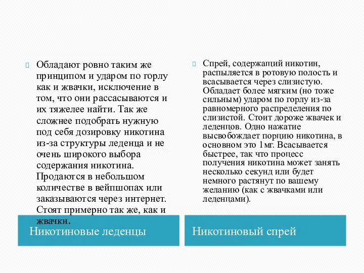 Никотиновые леденцы Никотиновый спрей Обладают ровно таким же принципом и ударом