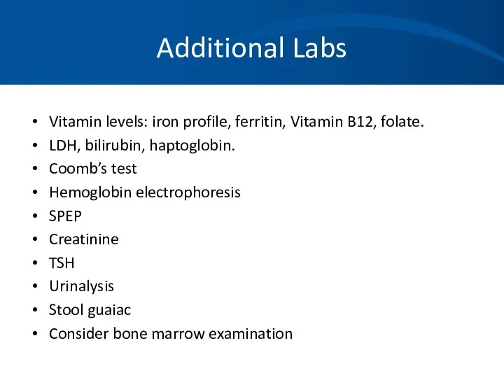 Additional Labs Vitamin levels: iron profile, ferritin, Vitamin B12, folate. LDH,