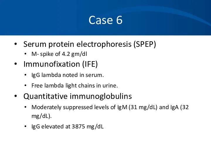 Case 6 Serum protein electrophoresis (SPEP) M- spike of 4.2 gm/dl