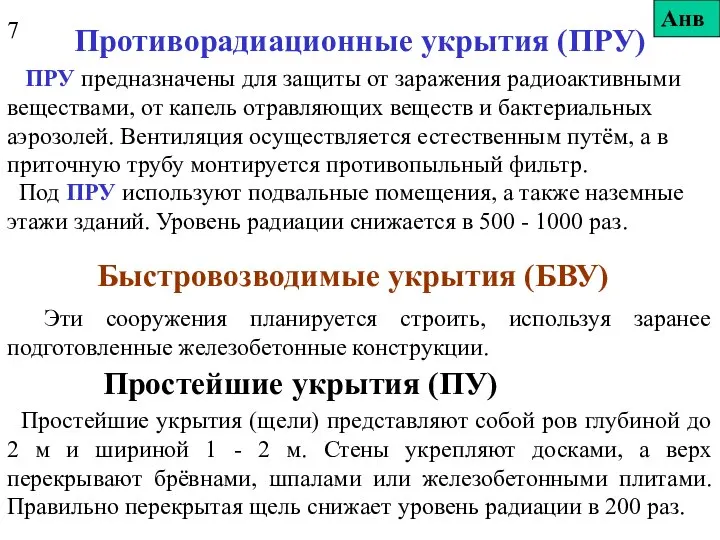 Противорадиационные укрытия (ПРУ) ПРУ предназначены для защиты от заражения радиоактивными веществами,