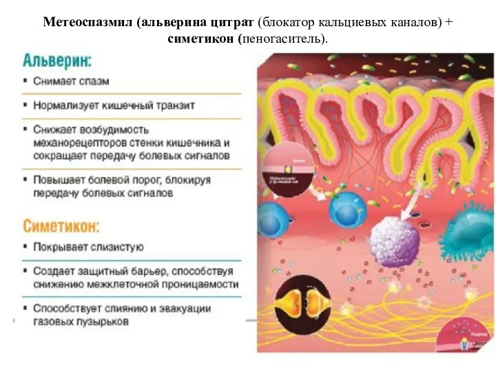 Метеоспазмил (альверина цитрат (блокатор кальциевых каналов) + симетикон (пеногаситель).