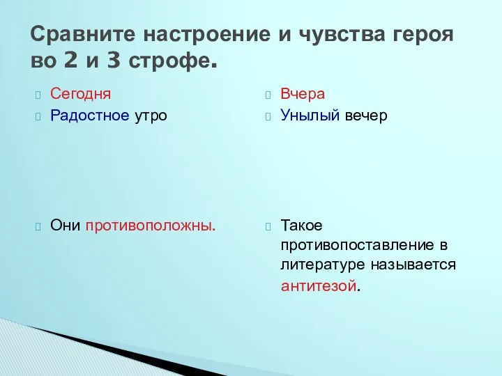 Сегодня Радостное утро Они противоположны. Вчера Унылый вечер Такое противопоставление в