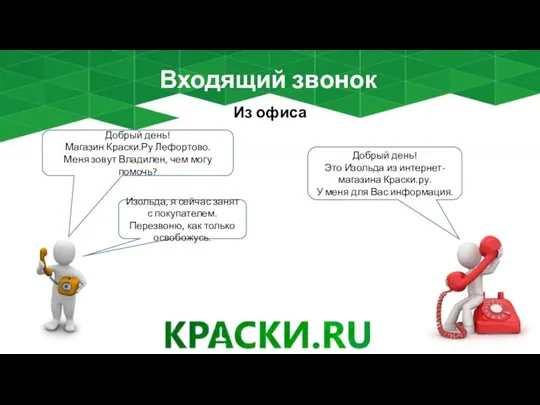 Входящий звонок Из офиса Добрый день! Магазин Краски.Ру Лефортово. Меня зовут