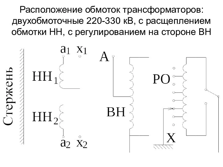 Расположение обмоток трансформаторов: двухобмоточные 220-330 кВ, с расщеплением обмотки НН, с регулированием на стороне ВН