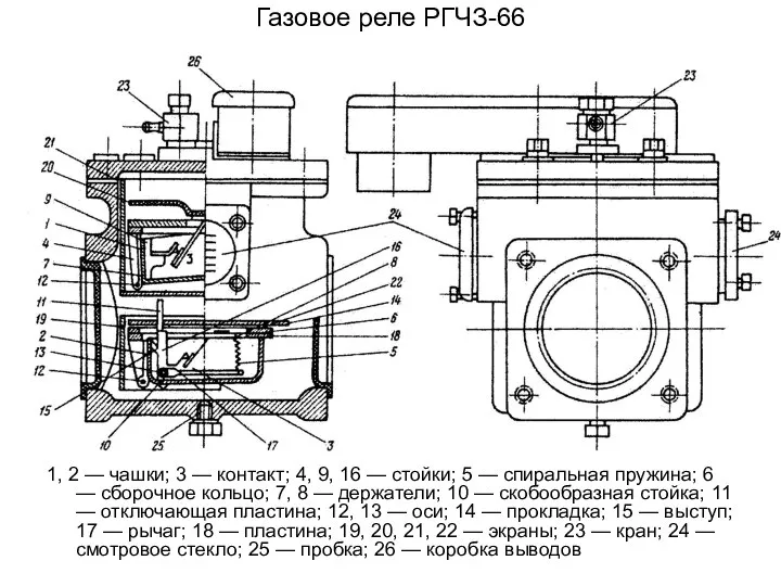 Газовое реле РГЧЗ-66 1, 2 — чашки; 3 — контакт; 4,