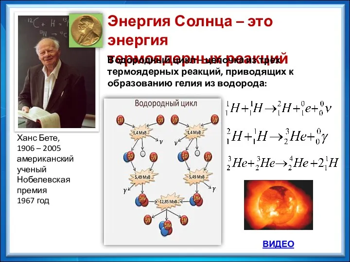 Энергия Солнца – это энергия термоядерных реакций Ханс Бете, 1906 –