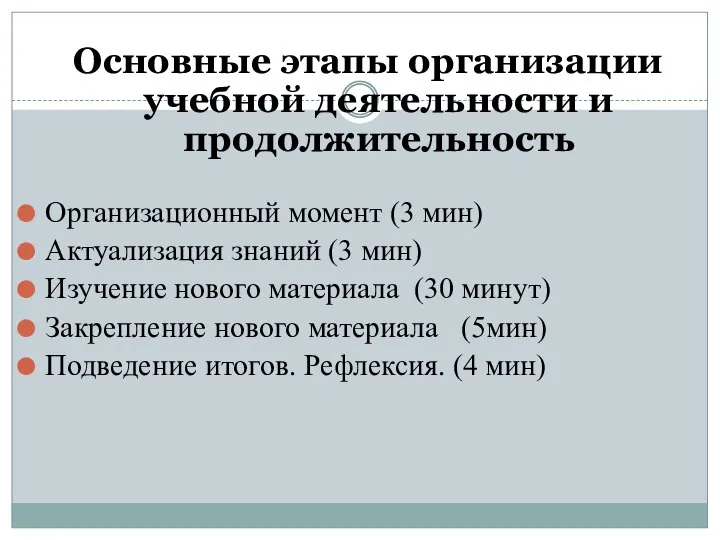 Основные этапы организации учебной деятельности и продолжительность Организационный момент (3 мин)