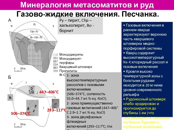 Py – пирит, Chp –халькопирит, Bo - борнит • Газовые включения