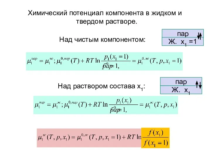 пар Химический потенциал компонента в жидком и твердом растворе. Над чистым