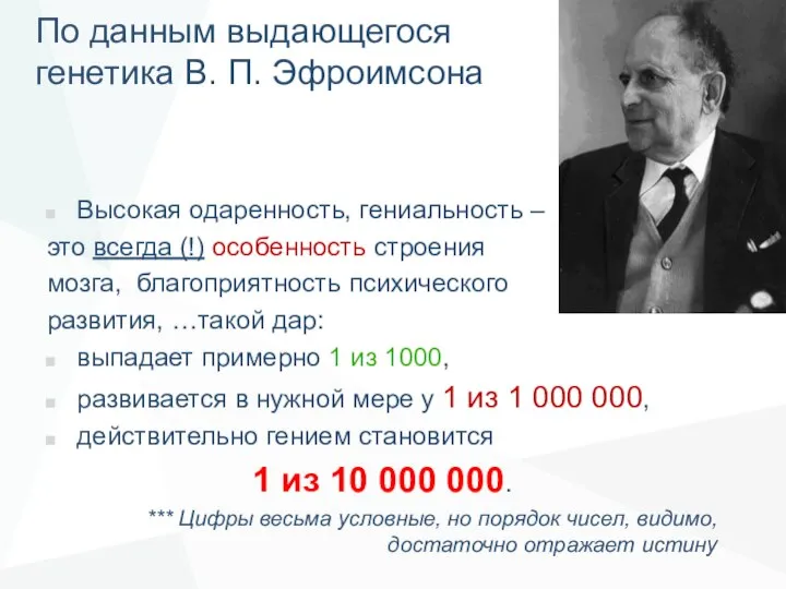 По данным выдающегося генетика В. П. Эфроимсона Высокая одаренность, гениальность –