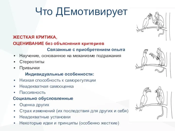 Что ДЕмотивирует ... ЖЕСТКАЯ КРИТИКА, ОЦЕНИВАНИЕ без объяснения критериев Связанные с