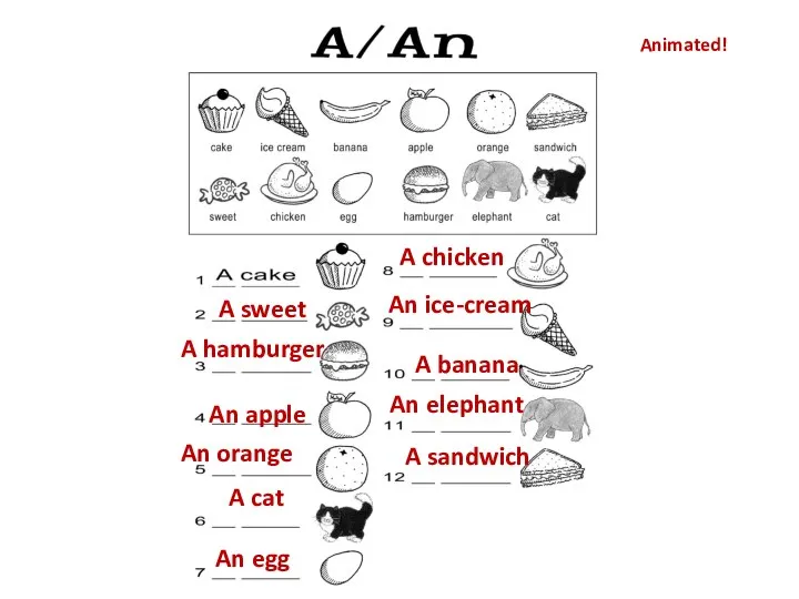 A sweet A hamburger An apple An orange A cat An