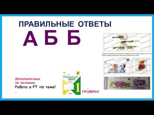 ПРАВИЛЬНЫЕ ОТВЕТЫ Б А Б Дополнительно по желанию Работа в РТ по теме! . . ПРОВЕРЬ!!!