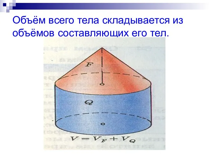 Объём всего тела складывается из объёмов составляющих его тел.