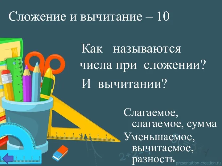 Сложение и вычитание – 10 Как называются числа при сложении? И