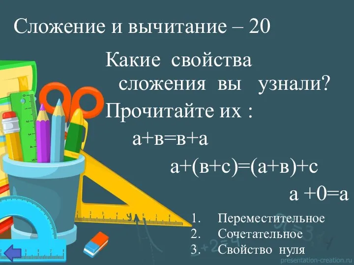 Сложение и вычитание – 20 Какие свойства сложения вы узнали? Прочитайте