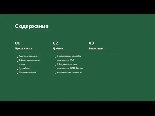 Содержание 01 Предпосылки 02 Добыча 03 Реализация Распространение Сферы применения клена