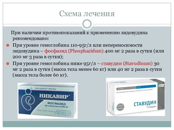 Схема лечения При наличии противопоказаний к применению зидовудина рекомендовано: При уровне