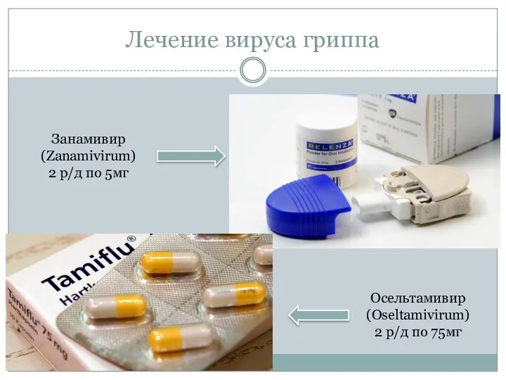 Лечение вируса гриппа Осельтамивир (Oseltamivirum) 2 р/д по 75мг Занамивир (Zanamivirum) 2 р/д по 5мг