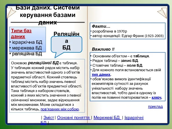 Основою реляційної БД є таблиця. У таблицях кожний рядок містить набір