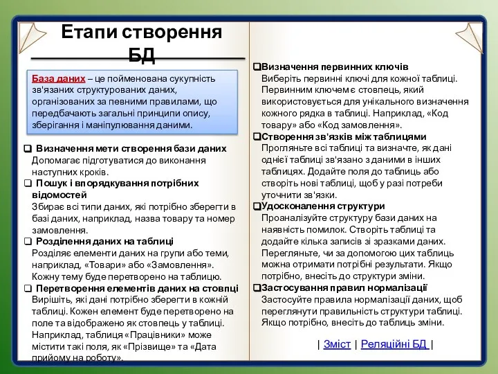 База даних – це пойменована сукупність зв'язаних структурованих даних, організованих за