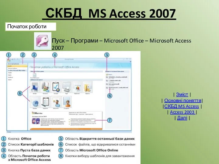 СКБД MS Access 2007 Початок роботи Пуск – Програми – Microsoft