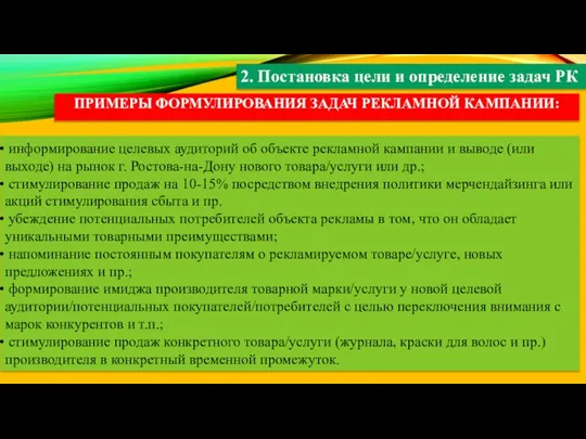 2. Постановка цели и определение задач РК ПРИМЕРЫ ФОРМУЛИРОВАНИЯ ЗАДАЧ РЕКЛАМНОЙ