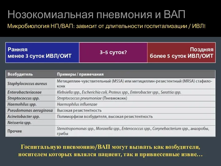 Нозокомиальная пневмония и ВАП Микробиология НП/ВАП: зависит от длительности госпитализации /