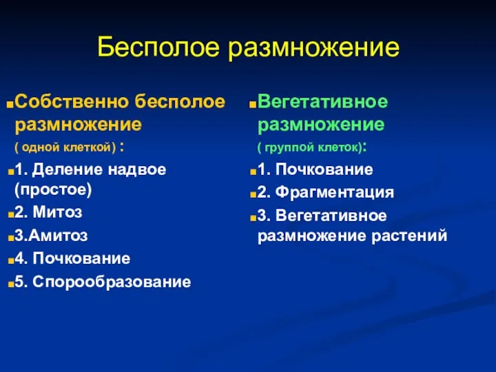 Бесполое размножение Собственно бесполое размножение ( одной клеткой) : 1. Деление