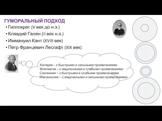 ГУМОРАЛЬНЫЙ ПОДХОД Гиппократ (V век до н.э.) Клавдий Гален (II век