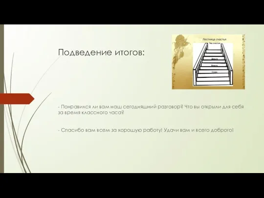 Подведение итогов: - Понравился ли вам наш сегодняшний разговор? Что вы