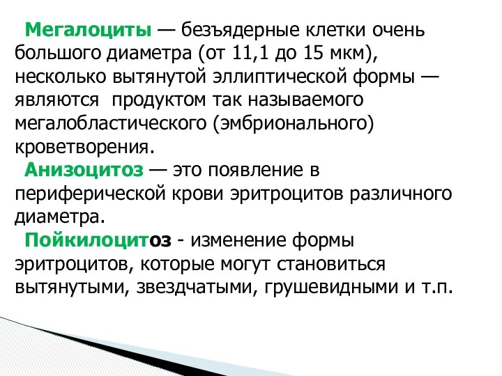 Мегалоциты — безъядерные клетки очень большого диаметра (от 11,1 до 15