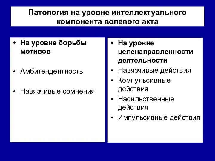 Патология на уровне интеллектуального компонента волевого акта На уровне борьбы мотивов