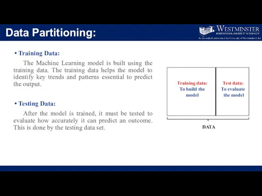 Data Partitioning: Training Data: The Machine Learning model is built using