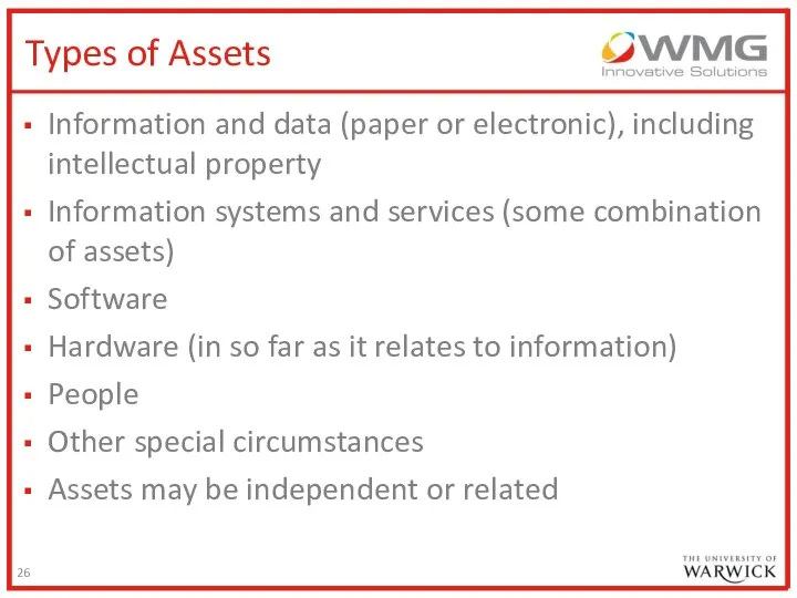 Types of Assets Information and data (paper or electronic), including intellectual